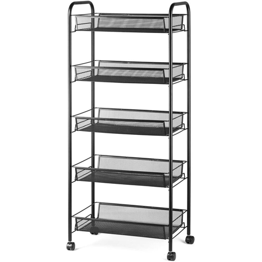 (PALAKLOT Black Rolling Household Cart With Heavy Metal Wires Trolley With Wheels 45cm(W) 26cm(D) 104cm(H) 5-Tier) 3/4/5 Tier Compact Space-Saving Sto