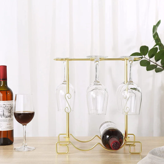LeLand 2 Bottle Tabletop Wine Bottle & Glass Rack in Gold