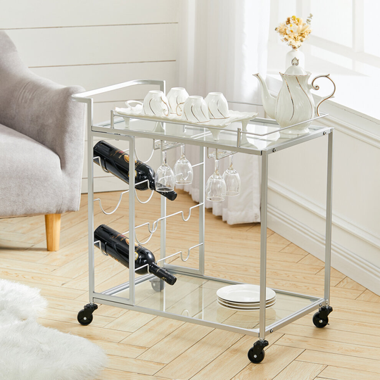 2 Tier Drinks Trolley Glass Shelves Storage Serving Cart w/ Wine Rack Glass Rail