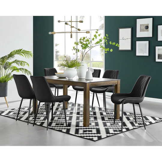 Anders Dark Walnut Solid Wood Dining Table & 6 Black Pesaro Black Leg Chairs