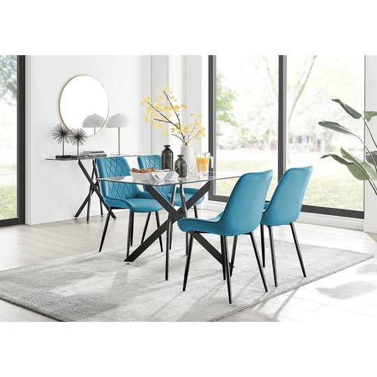 Leonardo Black Leg Glass Dining Table & 4 Blue Pesaro Black Leg Chairs