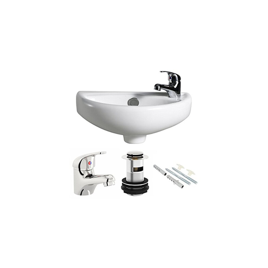 Compact Wall Hung Basin Sink Bathroom Mini Tiny Small Right Hand + Tap & Waste