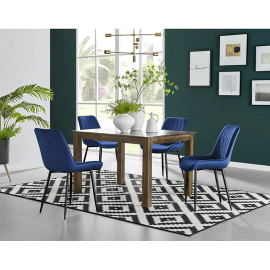 Anders Dark Walnut Solid Wood Dining Table & 4 Navy Pesaro Black Leg Chairs