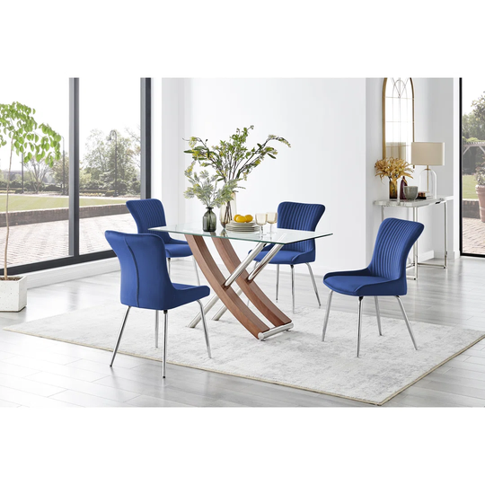 Mayfair Glass & Brown Wood Effect Dining Table & 4 Blue Nora Silver Leg Chairs