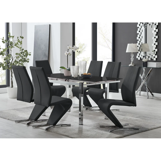 Enna Black Glass Extending Dining Table And 6 Black Willow Chairs