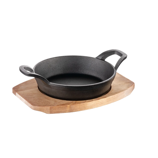 Cast Iron Pan 16 Cm With 2 Handles On Wooden Tray