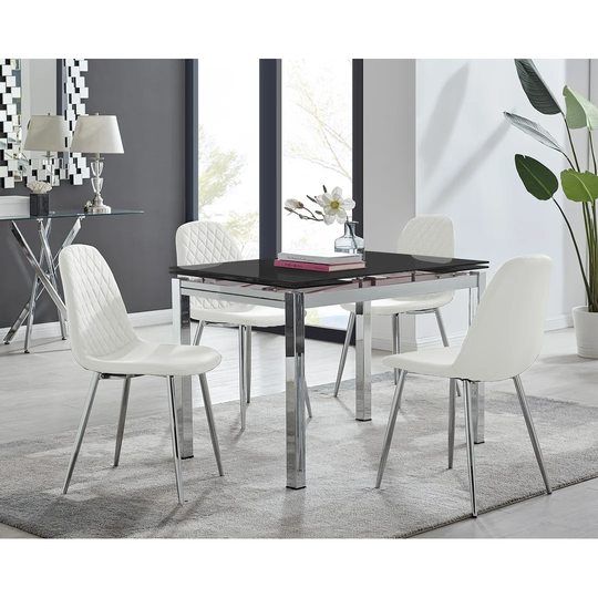 Enna Black Glass Extending Dining Table And 4 White Corona Silver Leg Chairs
