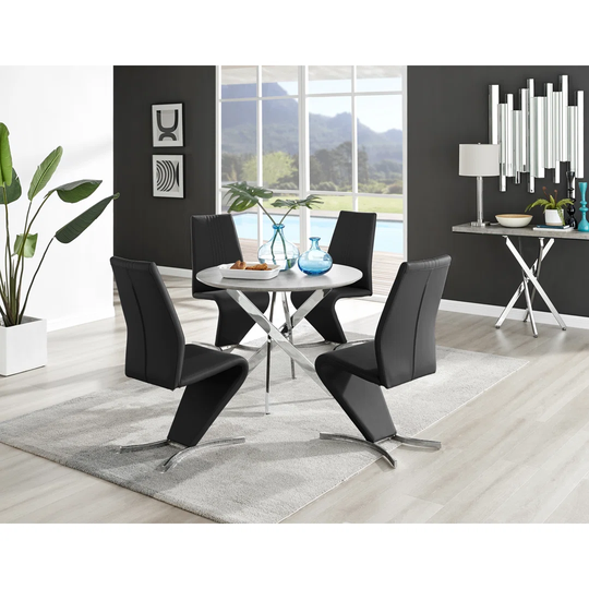 Novara Grey Concrete Effect Round Dining Table & 4 Black Willow Chairs