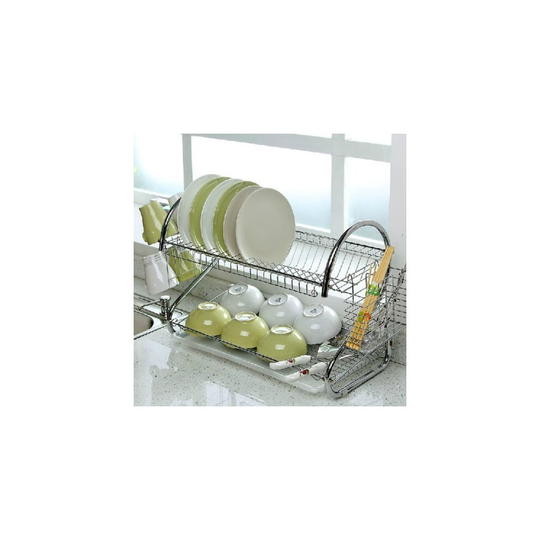 2 TIER CHROME PLATE DISH CUTLERY CUP DRAINER RACK DRIP TRAY PLATES HOLDER UK Dis