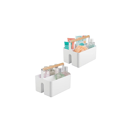 mDesign Set of 2 Under Sink Storage - Plastic and Wood Bathroom Caddy - Portable Cosmetics Storage Organiser - White