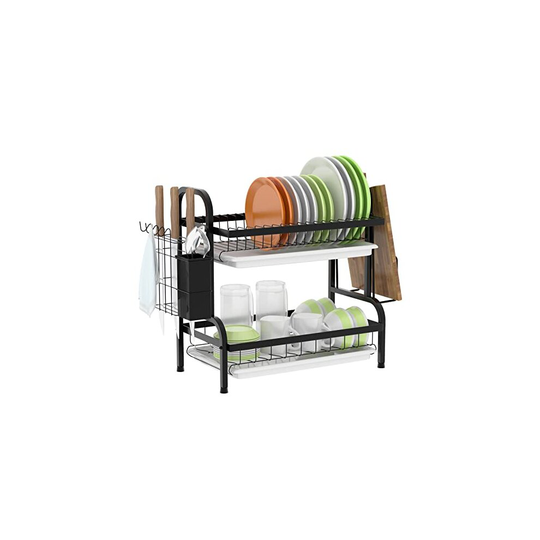 Baodan Dish Drying Rack, 2 Tier Anti Rust Dish Drainer Shelves with Drip Tray & Utensil Holder, Rustproof Dish Rack for Kitchen Countertop Organi