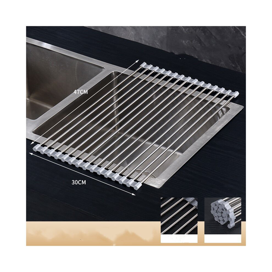 (47*30cm) Over Sink Dish Drainer Rack Strainer Colander Roll-Up Drying Stainless Steel