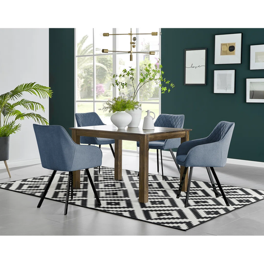 Anders Dark Walnut Solid Wood Dining Table & 4 Blue Falun Black Leg Chairs