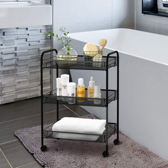 (PALAKLOT Black Rolling Household Cart With Heavy Metal Wires Trolley With Wheels 45cm(W) 26cm(D) 63cm(H) 3-Tier) 3/4/5 Tier Compact Space-Saving Stor