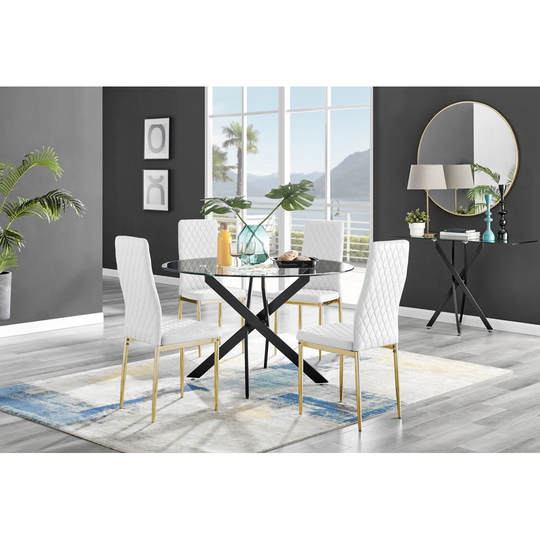 Novara Black Leg Round Glass Dining Table & 4 White Milan Gold Leg Chairs