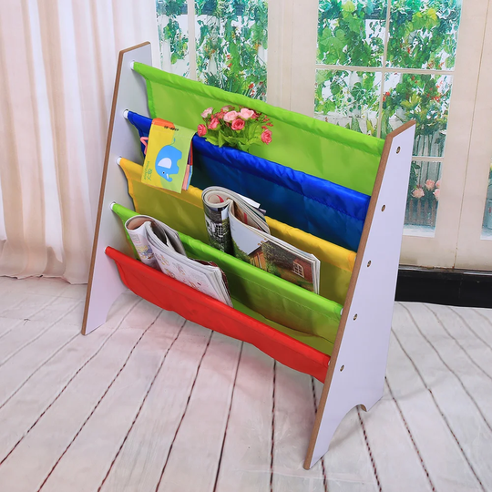Wooden Frame Kids Book Shelf Sling Storage Rack Organizer Bookcase Child Display