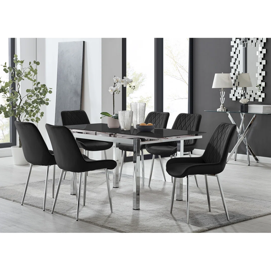 Enna Black Glass Extending Dining Table And 4 Cream Pesaro Black Leg Chairs