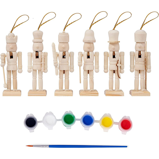 6 Christmas Wooden Nutcracker Set, 13cm - Paint Your Own Toy Soldier, DIY Art & Craft Gift Decorations