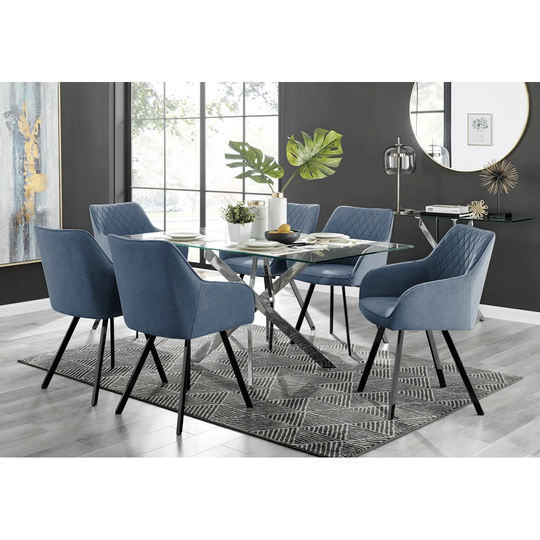 Leonardo Glass And Chrome Dining Table & 6 Blue Falun Black Leg Chairs