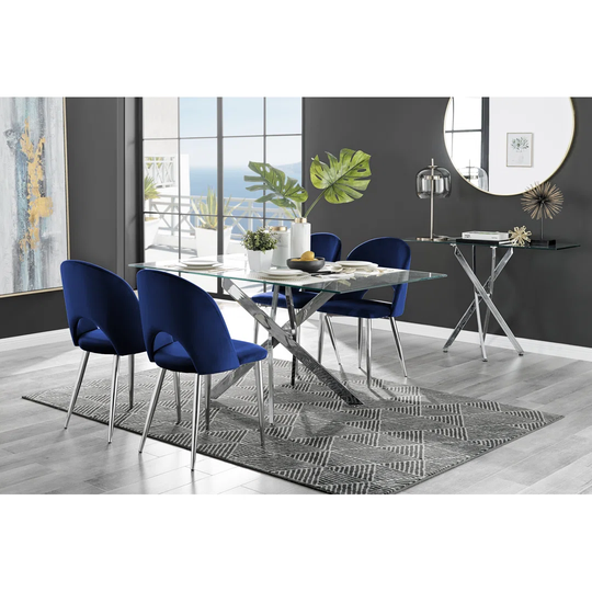 Leonardo Glass And Chrome Dining Table & 4 Blue Arlon Silver Leg Chairs
