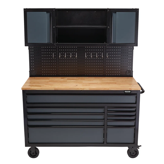 BUNKER® Roller Workstation With Workbench, 10 Drawer, 56", Grey