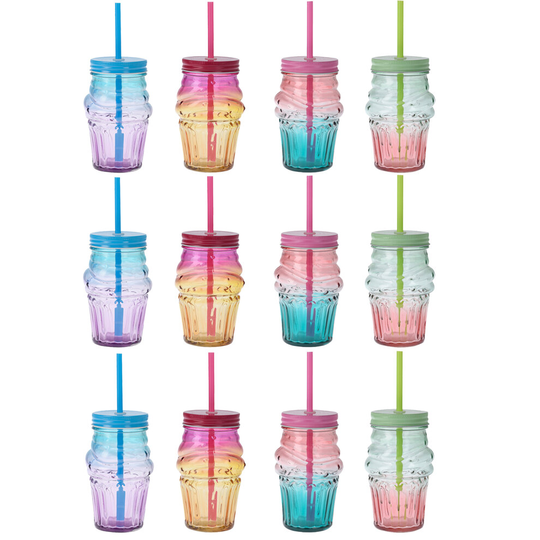 (3 of each) Cupcake Glass Drinking Jars With Handle & Straw Party Cups Glasses Screw Lid