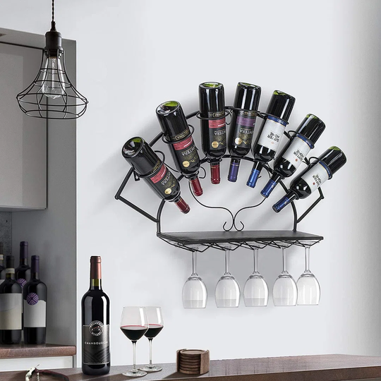 Wine Bottle Stemware Glass Rack Wall Mounted - Bordeaux Chateau Style - Holds 7 Bottles Of Your Favorite Wine - Elegant Storage For Kitchen, Dining Ro