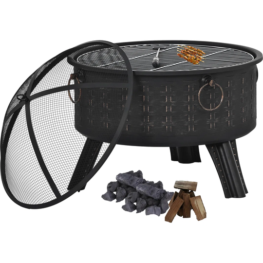 64cm Outdoor Fire Pit,steel Fire Pits, Bonfire Fire Pit,patio Bbq Camping,outdoor Fireplace With Mesh Cover,cooking Grate,poker, Bronze