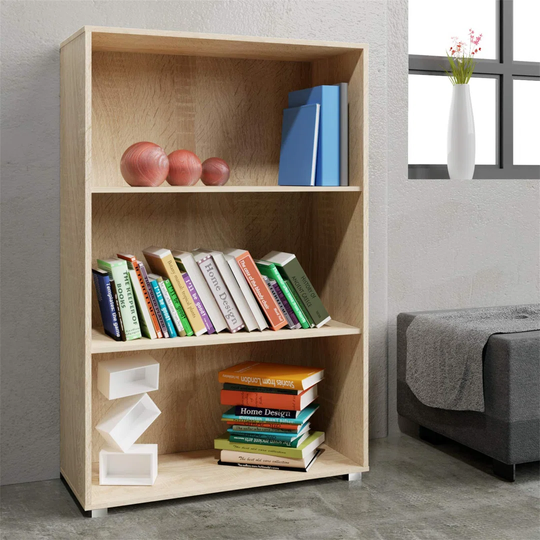 Bookcase Vela 3 Compartments Bookshelf Wooden Storage Rack Modern Shelving Books Stand Shelf Any Room Office 115 X 60 X 31 Cm Oak