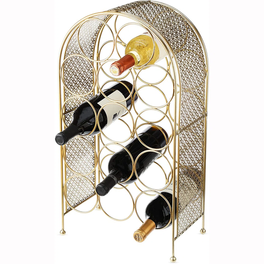 Lenworth 14 Bottle Floor Wine Bottle & Glass Rack in Gold
