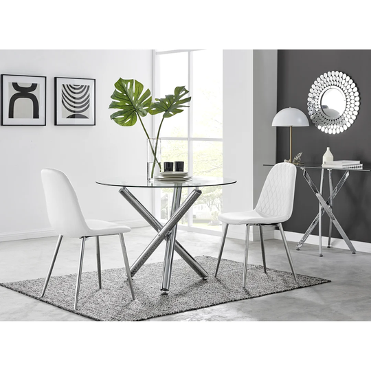 Selina Round Dining Table And 2 White Corona Black Leg Chairs