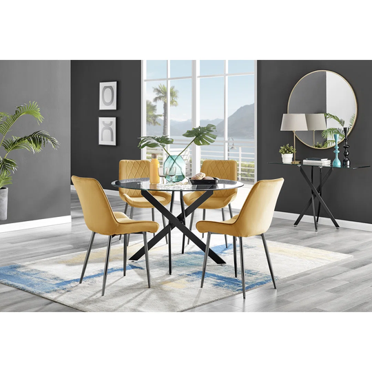 Novara Black Leg 120Cm Round Glass Dining Table & 4 Mustard Pesaro Black Leg Chairs
