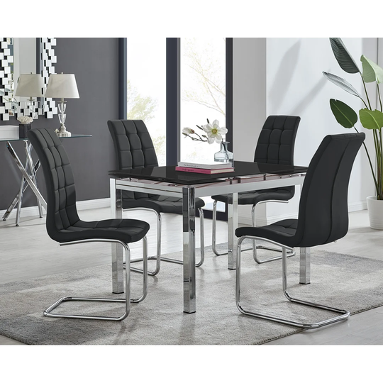 Enna Black Glass Extending Dining Table And 4 Black Murano Chairs