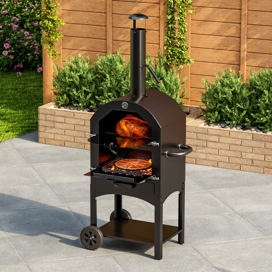 Outdoor Garden Pizza Oven 2 Tier Charcoal BBQ Grill with Thermometer & Chimney