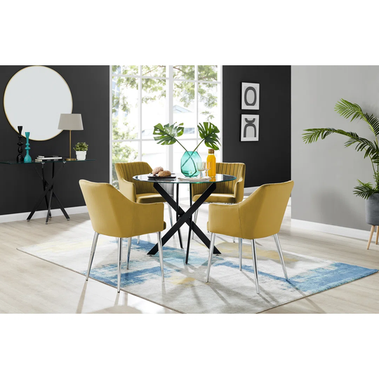 Novara Black Leg Round Glass Dining Table & 4 Mustard Calla Silver Leg Chairs
