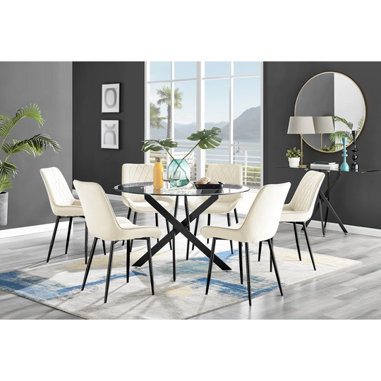 Novara Black Leg 120Cm Round Glass Dining Table & 6 Cream Pesaro Black Leg Chairs
