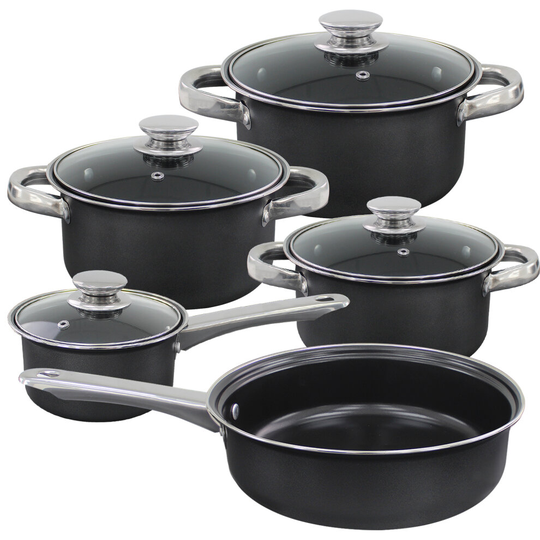 9 Piece Pan Set Black Cookware Saucepan Non Stick Stainless Steel Cooking Grill