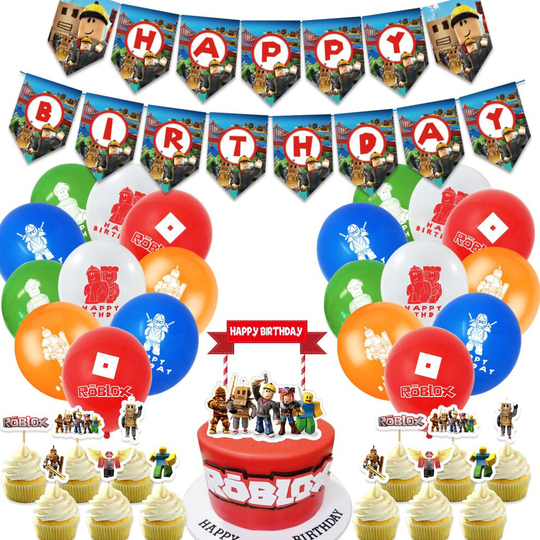 (48pcs Birthday Set) Roblox Birthday Party Supplies Banner Balloons Cake Toppers Cupcake Decor Kit