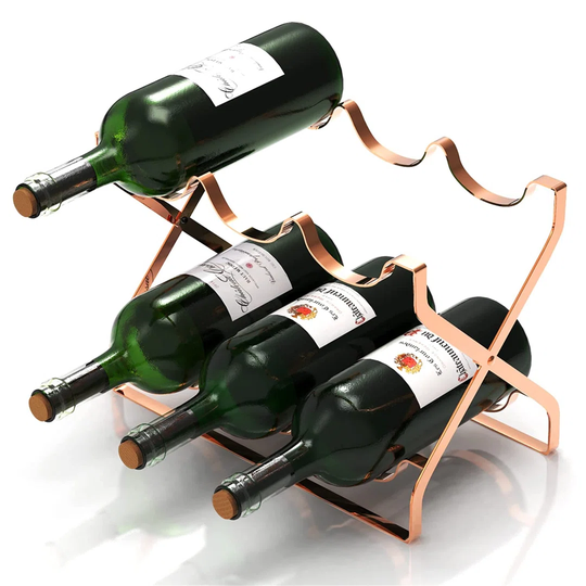 6 Bottle Wine Rack | Foldable Metal Frame | Rose Gold | Free Bottle Opener | Perfect Housewarming Gift | Modern Design For Dining Room, Kitchen Counte