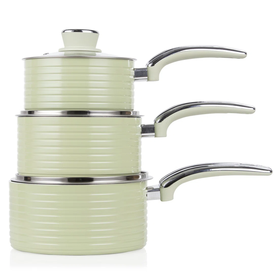 SWPS3020GN Retro Induction Saucepan Set With Glass Lids, Non Stick Ceramic Coating, Easy To Clean, Green, 3 Piece, 16/18/20 Cm