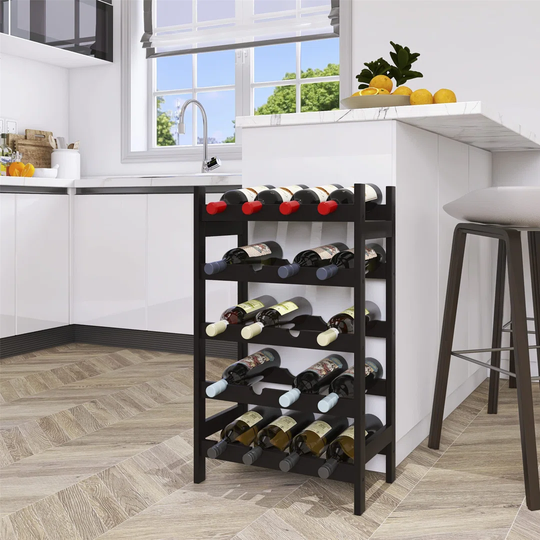 Bamboo Wine Rack, 20 Bottles Display Holder, 5-Tier Free Standing Storage Shelves For Kitchen, Pantry, Cellar, Bar (Black)