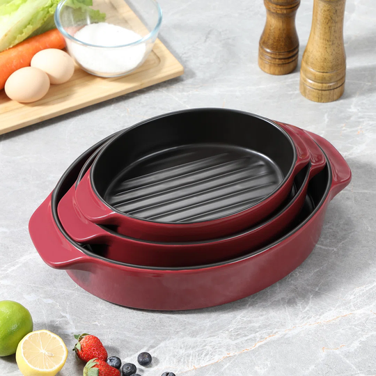 Belfry Kitchen Series, 3-piece Black & Red Oval Stoneware Baking Pan Set
