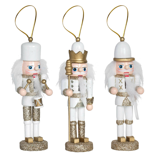 (White) 3 x Nutcracker Dolls Soldiers Wooden Christmas Tree Ornaments Decoration Soldier
