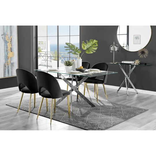 Leonardo Glass And Chrome Dining Table & 4 Blue Arlon Gold Leg Chairs