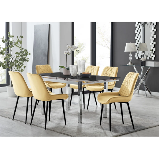 Enna Black Glass Extending Dining Table And 4 Mustard Pesaro Black Leg Chairs
