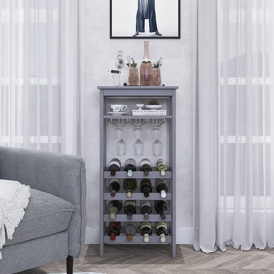 Wine Rack With Glass Holder & Table Top, 16 Bottles Storage, Floor Free Standing Bamboo Display Shelves For Home, Kitchen, Pantry, Cellar, Bar (Grey)